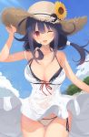  1girl bikini bikini_under_clothes black_bikini blush breasts cleavage clouds covered_navel dress flower hat hat_flower highres holding holding_hat kagerou_(shadowmage) kantai_collection large_breasts long_hair looking_at_viewer low_twintails multicolored multicolored_bikini multicolored_clothes one_eye_closed open_mouth purple_hair red_eyes see-through_silhouette sky smile solo strap_slip straw_hat sunflower swimsuit taigei_(kantai_collection) twintails white_dress 