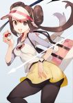  1girl ass brown_eyes brown_hair creatures_(company) double_bun game_freak looking_at_viewer mei_(pokemon) nintendo open_mouth pantyhose poke_ball pokemon pokemon_(game) pokemon_bw2 raglan_sleeves simple_background skirt solo toridamono twintails violet_eyes visor_cap watch watch white_background 