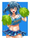  1girl bare_shoulders blue_background blue_hair blue_skirt blue_tank_top blush breasts cheerleader closed_eyes collarbone frilled_shirt frills hair_between_eyes hair_bobbles hair_ornament highres huge_breasts jewelry kawashiro_nitori key navel necklace okbnkn open_mouth panties pleated_skirt pom_poms round_teeth shirt simple_background skirt tank_top teeth text_focus thighs touhou two_side_up underwear waving_arms white_panties 