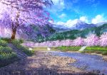  blue_sky bridge cherry_blossoms clouds day highres mount_fuji niko_p no_humans original outdoors scenery signature sky stairs tree volcano 
