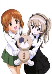  2girls :d absurdres black_eyes black_hairband black_neckwear black_ribbon black_skirt boko_(girls_und_panzer) brown_eyes brown_hair collarbone dress_shirt eyebrows_visible_through_hair girls_und_panzer hair_between_eyes hair_ribbon hairband highres light_brown_hair long_hair miniskirt multiple_girls nishizumi_miho official_art ooarai_school_uniform open_mouth pleated_skirt ribbon school_uniform serafuku shimada_arisu shiny shiny_hair shirt short_hair side_ponytail simple_background skirt smile standing stuffed_animal stuffed_toy suspender_skirt suspenders teddy_bear white_background white_shirt yoshida_nobuyoshi 