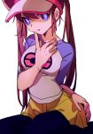  1girl ankea_(a-ramo-do) bangs black_legwear blue_eyes blue_pupils breasts bright_pupils brown_hair double_bun hair_between_eyes long_hair looking_at_viewer medium_breasts mei_(pokemon) pantyhose pantyhose_under_shorts pokemon pokemon_(game) pokemon_bw2 raglan_sleeves shorts simple_background sitting sleeves_past_elbows solo twintails visor_cap wariza white_background yellow_shorts 