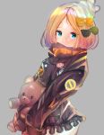  1girl abigail_williams_(fate/grand_order) absurdres alternate_hairstyle artist_request bandaid_on_forehead bangs belt black_bow black_jacket blonde_hair blue_eyes bow fate/grand_order fate_(series) forehead grey_background hair_bow hair_bun high_collar highres hips holding holding_stuffed_animal jacket long_hair looking_at_viewer orange_bow parted_bangs polka_dot polka_dot_bow simple_background sleeves_past_fingers sleeves_past_wrists solo stuffed_animal stuffed_toy teddy_bear 