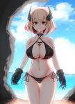  10eki_(tenchou) 1girl alternate_costume ass_visible_through_thighs azur_lane beach bikini black_bikini blonde_hair blue_sky breasts brown_eyes cleavage clouds cloudy_sky commentary_request cowboy_shot day eyebrows_visible_through_hair groin halterneck highres iron_cross large_breasts looking_at_viewer mechanical_hands multicolored_hair navel ocean outdoors redhead roon_(azur_lane) sand short_hair side-tie_bikini sky smile solo stomach swimsuit thigh_gap two-tone_hair wet 