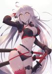  1girl ahoge bikini black_bikini black_jacket blush breasts choker cleavage collarbone commentary_request cowboy_shot eyebrows_visible_through_hair fate/grand_order fate_(series) jacket jeanne_d&#039;arc_(alter)_(fate) jeanne_d&#039;arc_(alter_swimsuit_berserker) jeanne_d&#039;arc_(fate)_(all) large_breasts lips long_hair looking_at_viewer o-ring pink_lips slit_pupils smile solo swimsuit thighs tomoyohi very_long_hair yellow_eyes 