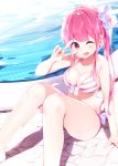  1girl ;d arm_support arm_up bangs bare_arms bare_legs bare_shoulders barefoot bikini blush bow bow_bikini breasts chikuwa. cleavage collarbone commentary_request eyebrows_visible_through_hair hair_bow highres large_breasts long_hair navel one_eye_closed open_mouth original pink_hair pool poolside red_eyes side_ponytail sitting smile solo striped striped_bikini swimsuit v_over_eye very_long_hair water white_bow 