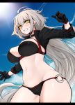  1girl ahoge bikini black_bikini black_jacket blush breasts choker cleavage clenched_teeth clouds cloudy_sky collarbone commentary_request cowboy_shot cropped_jacket eyebrows_visible_through_hair eyelashes fate/grand_order fate_(series) from_below hair_between_eyes highres j.k. jacket jeanne_d&#039;arc_(alter)_(fate) jeanne_d&#039;arc_(alter_swimsuit_berserker) jeanne_d&#039;arc_(fate)_(all) large_breasts long_hair looking_at_viewer o-ring skindentation sky solo swimsuit teeth thighs yellow_eyes 