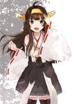  1girl ahoge black_skirt boots brown_hair commentary_request detached_sleeves double_bun hairband hand_up headgear highres japanese_clothes kantai_collection kongou_(kantai_collection) long_hair looking_at_viewer nontraditional_miko open_mouth pleated_skirt remodel_(kantai_collection) ribbon-trimmed_sleeves ribbon_trim skirt solo thigh-highs thigh_boots violet_eyes yukirui_(sruibbt89) 