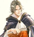  1boy black_hair book cape cyrus_(octopath_traveler) e_f_regan826 jewelry male_focus necklace octopath_traveler ponytail short_hair simple_background smile solo yellow_eyes 