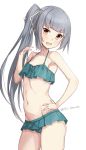  1girl aqua_bikini bikini bikini_skirt blush collarbone contrapposto cowboy_shot fang flat_chest green_bikini grey_hair groin hair_ribbon hand_on_own_chest highres kantai_collection kasumi_(kantai_collection) light_brown_eyes long_hair navel open_mouth ribbon side_ponytail simple_background solo swimsuit takanashi_kei_(hitsujikan) twitter_username white_background white_ribbon 