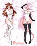  2girls alfred_cullado android_21 black_legwear black_nails blue_eyes breasts brown_hair china_dress chinese_clothes cleavage cleavage_cutout covered_navel dakimakura detached_sleeves dragon_ball dragon_ball_fighterz dress dual_persona earrings glasses highres hoop_earrings jewelry large_breasts looking_at_viewer majin_android_21 messy_hair multiple_girls nail_polish panties pelvic_curtain pink_hair pink_skin pointy_ears puffy_short_sleeves puffy_sleeves red_eyes short_sleeves side-tie_panties smile tail thigh-highs thong underwear white_dress white_legwear 