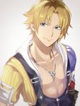  1boy bangs blonde_hair blue_eyes collarbone final_fantasy final_fantasy_x gloves grey_background highres jewelry looking_at_viewer male_focus necklace parted_bangs smile tidus upper_body yawai_tofu 