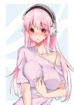  1girl absurdres blush breasts cleavage headphones highres large_breasts looking_at_viewer lumu_yuanxiang nitroplus open_mouth pink_hair red_eyes solo super_sonico upper_body 