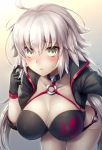 1girl absurdres ahoge bending_forward bikini black_bikini black_jacket blush breasts choker cleavage collarbone commentary_request contemporary cowboy_shot eyebrows_visible_through_hair fate/grand_order fate_(series) highres jacket jeanne_d&#039;arc_(alter)_(fate) jeanne_d&#039;arc_(alter_swimsuit_berserker) jeanne_d&#039;arc_(fate)_(all) large_breasts long_hair looking_at_viewer midriff o-ring open_mouth pale_skin samoore swimsuit thighs very_long_hair yellow_eyes 