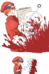  1boy 1girl ae-3803 ahoge black_eyes blood bloody_clothes cabbie_hat flying_sweatdrops gloves grey_eyes hair_over_one_eye hat hataraku_saibou jacket looking_at_another package red_blood_cell_(hataraku_saibou) red_gloves red_jacket redhead role_reversal smile u-1146 uniform white_blood_cell_(hataraku_saibou) white_hair 