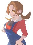  1girl ankea_(a-ramo-do) brown_hair closed_mouth clothes_pull fingernails hand_on_hip highres kotone_(pokemon) long_hair orange_eyes overalls pokemon pokemon_(game) pokemon_hgss pulled_by_self simple_background sleeves_past_elbows smile solo twintails white_background 