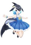1girl :d black_footwear black_hair blue_dress blue_eyes blue_hair bow bowtie common_dolphin_(kemono_friends) dolphin_tail dress eyebrows_visible_through_hair fins frilled_dress frills full_body ise_(0425) kemono_friends looking_at_viewer multicolored_hair open_mouth outstretched_arms sailor_collar sailor_dress shoes short_hair simple_background sleeveless sleeveless_dress smile solo spread_arms tail white_background white_sailor_collar wristband yellow_neckwear