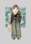  1girl absurdres bangs belt boots brown_eyes brown_hair expressionless fur_collar hand_in_pocket headband highres holding_map jacket leaf_print looking_at_viewer map nanakawa_(nanasoon) open_clothes open_jacket original oversized_clothes pants pants_rolled_up print_jacket shirt short_hair simple_background solo 