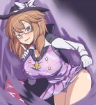  1girl aura breasts brown_eyes brown_hair cape cleavage commentary_request cowboy_shot glasses hat hat_ribbon large_breasts leaning_forward microskirt panties popped_collar purple_background purple_skirt ribbon semi-rimless_eyewear skirt skirt_lift smile thighs touhou undershirt underwear usami_sumireko white_panties xialu_zajin 