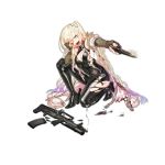  1girl a-91 a-91_(girls_frontine) artist_request assault_rifle belt blonde_hair boots bullpup evil_smile fingerless_gloves girls_frontline gloves glowing glowing_eye grenade_launcher gun high_heel_boots high_heels knife leather leather_boots leather_pants long_coat official_art pants rifle smile solo torn_clothes weapon yellow_eyes 