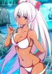  1girl arm_behind_back bangs bare_arms bare_shoulders bikini blunt_bangs blurry blurry_background bow breasts cleavage collarbone commentary_request cowboy_shot eyebrows_visible_through_hair fujiwara_no_mokou groin hair_bow hand_up hijikawa_arashi large_breasts long_hair long_ponytail looking_at_viewer navel pinky_out red_eyes rock shiny shiny_skin sidelocks silver_hair sketch smile solo standing stomach strap_pull swimsuit tan tanline thighs touhou very_long_hair water waterfall white_bikini white_bow 