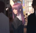  1girl asagami_fujino blurry blurry_background blurry_foreground building closed_mouth from_behind highres kara_no_kyoukai lips long_hair looking_at_viewer looking_back miura-n315 purple_hair red_eyes solo_focus 