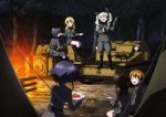  5girls absurdres amaretto_(girls_und_panzer) anchovy anzio_military_uniform black_bow black_footwear black_hair blonde_hair bonfire boots bow braid brown_hair carpaccio character_request closed_eyes drill_hair forest girls_und_panzer green_eyes green_hair grey_jacket grey_pants grey_skirt ground_vehicle hair_bow head_tilt highres jacket knee_boots long_hair military military_uniform military_vehicle miniskirt motor_vehicle multiple_girls nature night official_art open_mouth outdoors pants pepperoni_(girls_und_panzer) shiny shiny_hair short_hair sitting skirt smile standing tank tomato twin_drills twintails uniform yoshida_nobuyoshi 