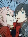  1boy 1girl bangs black_bodysuit black_hair blue_eyes bodysuit commentary couple darling_in_the_franxx english_commentary gloves green_eyes hair_ornament hairband hand_on_another&#039;s_chin hetero highres hiro_(darling_in_the_franxx) horns k_016002 long_hair looking_at_viewer oni_horns pilot_suit pink_hair red_bodysuit red_gloves red_horns short_hair sweatdrop white_hairband zero_two_(darling_in_the_franxx) 