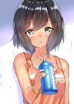  1girl bangle bangs bare_arms bare_shoulders bottle bracelet breasts brown_eyes brown_hair brown_tank_top collarbone commentary_request dark_skin eyebrows_visible_through_hair fingernails hair_between_eyes hand_up highres holding holding_bottle jewelry original parted_lips small_breasts solo sweat tank_top water_bottle yuki_arare 