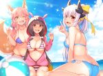  3girls animal_ears ass ball beach benitsuki_tsubasa bikini black_hair blue_bikini blush breasts clouds collarbone dragon_horns fate/grand_order fate_(series) fox_ears fox_tail frilled_bikini frills front-tie_top hair_bobbles hair_ornament hair_ribbon highres hood horns kiyohime_(fate/grand_order) kiyohime_(swimsuit_lancer)_(fate) large_breasts long_hair looking_at_viewer low_twintails multiple_girls navel one_eye_closed open_mouth osakabe-hime_(fate/grand_order) ponytail red_eyes ribbon side-tie_bikini silver_hair sitting sky smile sparkle striped striped_bikini swimsuit tail tamamo_(fate)_(all) tamamo_no_mae_(swimsuit_lancer)_(fate) twintails wariza yellow_eyes 