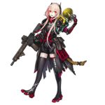  1girl acog artist_request digi-mind_update_(girls_frontline) dinergate_(girls_frontline) girls_frontline long_jacket m4_sopmod_ii m4_sopmod_ii_(girls_frontline) mechanical_arm official_art pink_hair red_eyes ro635_(girls_frontline) smile speaker spoilers thigh-highs 