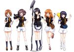  5girls :d absurdres akiyama_yukari bangs black_eyes black_hair black_shirt blue_legwear blunt_bangs brown_eyes brown_footwear brown_hair camera eyebrows_visible_through_hair full_body girls_und_panzer hair_between_eyes hairband hand_on_hip headphones headphones_around_neck highres holding holding_camera holding_microphone isuzu_hana kneehighs loafers long_hair looking_at_viewer loose_socks microphone miniskirt multiple_girls nishizumi_miho official_art one_eye_closed open_mouth orange_hair reizei_mako shirt shoes short_hair short_shorts short_sleeves shorts simple_background skirt slippers smile sneakers standing standing_on_one_leg takebe_saori w white_background white_hairband white_legwear white_shorts white_skirt yoshida_nobuyoshi 