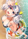  1girl ass bare_shoulders beach bikini blue_eyes breasts cleavage collarbone eyebrows_visible_through_hair highres innertube kaguya_luna kaguya_luna_(character) large_breasts long_hair looking_at_viewer looking_up nail_polish open_mouth sandals silver_hair smile solo standing sugaishi swimsuit thighs twintails water 