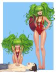  1boy 1girl :o absurdres bare_legs barefoot breasts casual_one-piece_swimsuit choker cleavage commentary cpr crying english_commentary eyebrows_visible_through_hair full_body girls_frontline green_hair hand_on_hip highres kneeling long_hair long_legs m950a_(girls_frontline) medium_breasts one-piece_swimsuit one-piece_tan red_swimsuit romana simple_background solo_focus standing swimsuit tan tanline twintails wavy_hair whistle whistle_around_neck yellow_eyes 