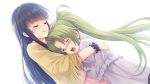  2girls bangs blunt_bangs blush breasts closed_eyes crying dress eyebrows_visible_through_hair furude_rika game_cg green_hair hand_on_another&#039;s_head highres higurashi_no_naku_koro_ni hinamizawa_teiryuujo hug long_dress long_hair multiple_girls official_art older open_mouth petting puffy_short_sleeves puffy_sleeves purple_hair short_sleeves smile sonozaki_mion tears 