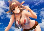  1girl ahoge alternate_costume bangs bare_shoulders bikini bikini_skirt blue_sky blush breasts brown_hair cleavage clouds collarbone day double_bun eyebrows_visible_through_hair hairband headgear hip_vent hips kantai_collection kongou_(kantai_collection) konkito leaning_forward long_hair looking_at_viewer navel one_eye_closed outdoors remodel_(kantai_collection) side-tie_bikini sidelocks sky smile solo splashing stomach swimsuit thighs v violet_eyes water_drop wet 