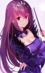  1girl bangs breasts dress fate/grand fate/grand_order fate_(series) fur_trim hair_between_eyes highres kujou_ichiso large_breasts long_hair looking_at_viewer purple_hair red_eyes scathach_(fate)_(all) scathach_skadi_(fate/grand_order) smile tiara upper_body wand 