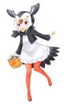  1girl atlantic_puffin_(kemono_friends) bird_tail black_hair black_jacket black_scarf chips eyebrows_visible_through_hair food food_in_mouth full_body gloves head_wings ise_(0425) jacket kemono_friends long_sleeves looking_at_viewer mouth_hold multicolored_hair pantyhose potato_chips red_eyes red_footwear red_legwear scarf shirt shoes short_hair simple_background skirt solo white_background white_gloves white_hair white_shirt white_skirt 