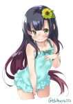  1girl alternate_costume aqua_swimsuit black_hair blue_ribbon blush breasts covered_navel cropped_legs ebifurya eyebrows_visible_through_hair flower from_above gradient_hair green_eyes hair_flower hair_ornament hand_on_own_chest hat highres kantai_collection layered_skirt long_hair looking_at_viewer matsuwa_(kantai_collection) multicolored_hair one-piece_swimsuit pink_hair purple_hair ribbon sailor_hat small_breasts sunflower_hair_ornament swimsuit swimsuit_skirt tears twitter_username white_background 