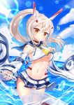  1girl ascot ayanami_(azur_lane) azur_lane bandaid_on_arm bangs blue_sailor_collar blue_skirt blue_sky blush breasts brown_eyes choker closed_mouth clouds cloudy_sky commentary_request crop_top day detached_sleeves eyebrows_visible_through_hair groin hair_between_eyes hair_ornament hand_up head_tilt headgear high_ponytail highres holding holding_sword holding_weapon horizon light_brown_hair long_sleeves midriff navel no_bra ocean outdoors pleated_skirt ponytail sailor_collar school_uniform serafuku shirt skirt sky sleeveless sleeveless_shirt sleeves_past_wrists solo ss851251 standing sword thigh-highs thighs under_boob water weapon white_legwear white_shirt wide_sleeves yellow_neckwear 