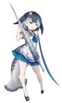 1girl ascot black_choker black_hair blue_eyes blue_neckwear choker dress drillhorn_sword eyebrows_visible_through_hair full_body grey_hair ise_(0425) kemono_friends looking_at_viewer multicolored_hair narwhal_(kemono_friends) narwhal_tail puffy_short_sleeves puffy_sleeves sailor_collar sailor_dress short_sleeves simple_background solo tail white_background