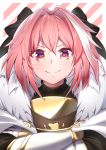  1boy astolfo_(fate) bangs blush cape close-up closed_mouth crossed_arms fang fate/grand_order fate_(series) fur_trim gauntlets gloves hair_between_eyes hair_intakes hair_ribbon highres looking_at_viewer pink_hair ribbon short_hair smile solo striped striped_background takatun223 violet_eyes white_cape 