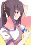  1girl arm_up bangs blush bottle breasts brown_eyes brown_hair closed_mouth enelis fingernails gym_shirt hair_between_eyes hand_up holding holding_bottle long_hair original ponytail profile shirt short_sleeves sidelocks small_breasts solo water_bottle white_shirt 