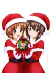  2girls :d absurdres box brown_eyes brown_hair capelet copyright_name dress eyebrows_visible_through_hair fur_trim gift gift_box girls_und_panzer gloves hair_between_eyes hat highres looking_at_viewer multiple_girls nishizumi_maho nishizumi_miho official_art open_mouth page_number red_capelet red_dress red_gloves red_hat santa_costume santa_hat shiny shiny_hair short_hair siblings simple_background sisters smile standing white_background yoshida_nobuyoshi 