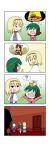  &gt;_&lt; +++ /\/\/\ 0_0 4koma 5girls ? absurdres alice_margatroid animal_ears around_corner blue_dress blue_skirt blue_vest braid capelet chinese_clothes comic door dress flandre_scarlet flat_cap flying_sweatdrops from_behind green_hair hair_between_eyes hairband hallway halo hands_on_hips hands_on_own_chest hat head_wreath highres hong_meiling indoors izayoi_sakuya jitome kasodani_kyouko knife_in_head laughing lily_white long_hair looking_at_another looking_at_viewer lying maid_headdress mob_cap multiple_girls on_head on_stomach open_mouth pantyhose peeking person_on_head pink_shirt rakugaki-biyori redhead shaded_face shirt short_hair silent_comic silver_hair skirt smile solid_oval_eyes speech_bubble spoken_person spoken_question_mark star sweatdrop tail tears touhou twin_braids very_long_hair vest walking white_legwear white_skirt 