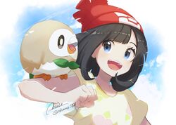  1girl bangs black_hair blue_eyes blush creatures_(company) game_freak gen_7_pokemon miu_(miuuu_721) mizuki_(pokemon) nintendo open_mouth pokemon pokemon_(game) pokemon_sm rowlet shirt short_hair simple_background sitting_on_arm smile solo 