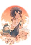  ass bag black_hair blue_eyes blush breasts closed_mouth evening fubuki_(kantai_collection) full_body kantai_collection looking_at_viewer medium_hair ponytail school_swimsuit sitting small_breasts smile sodapop_(iemaki) swimsuit tan tanline twilight wariza 