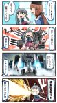  2girls 4koma :d ahoge aqua_bow aqua_neckwear battleship_(movie) black_hat blue_eyes blush_stickers bow bowtie brown_hair comic commentary_request glowing grey_hair hair_between_eyes hair_ornament hairclip hat highres ido_(teketeke) kantai_collection kiyoshimo_(kantai_collection) long_hair long_sleeves low_twintails machinery multiple_girls no_eyes open_mouth papakha robot shirt smile speech_bubble tashkent_(kantai_collection) thought_bubble translation_request turret twintails v-shaped_eyebrows white_shirt 