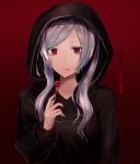  1girl alternate_costume black_hoodie candy closed_mouth female_my_unit_(fire_emblem:_kakusei) fire_emblem fire_emblem:_kakusei food gimurei highres holding_lollipop hood hood_up hoodie lollipop long_hair long_sleeves my_unit_(fire_emblem:_kakusei) niko_(aiai03012) red_background red_eyes solo white_hair 