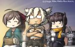  3girls basket brown_hair budget_sarashi chou-10cm-hou-chan_(hatsuzuki&#039;s) cloak commentary_request cup dark_skin dated glasses gloves hair_ornament hair_ribbon hairclip hamu_koutarou hatsuzuki_(kantai_collection) headgear highres kantai_collection long_hair mamiya_(kantai_collection) mug multiple_girls musashi_(kantai_collection) opaque_glasses open_mouth pointy_hair ponytail ribbon sarashi school_uniform serafuku steam sunrise 